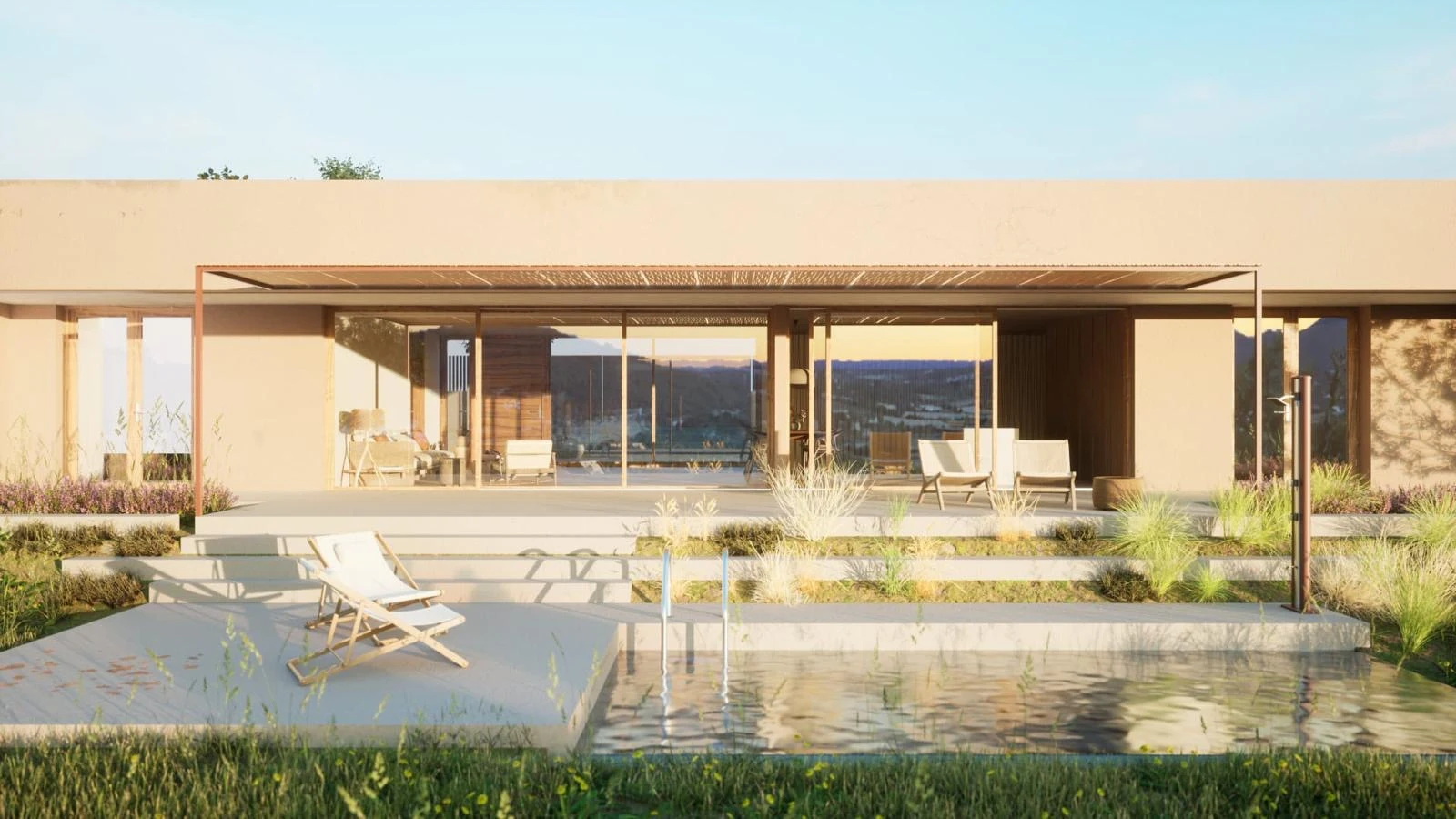Casa TJ: Vista frontal de la casa amb porxo i piscina